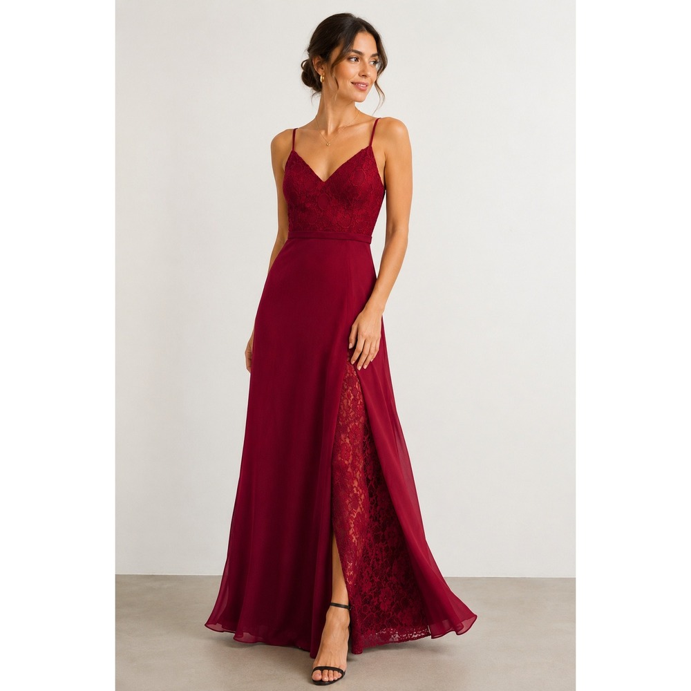 Azazie Burgundy Lace Bodice Maxi Dress